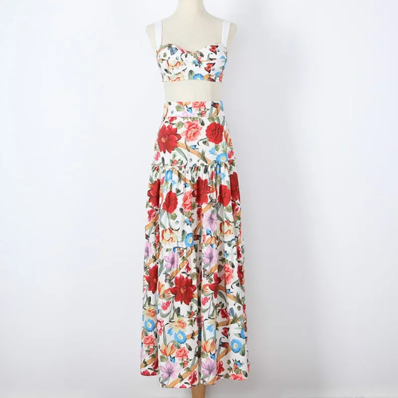 FashionSierra-Sleeveless Maxi   2 Piece Set  Vintage Floral Print  Bohemian  Summer  Vestidos  Beach  Robe   3XL Boho Dress