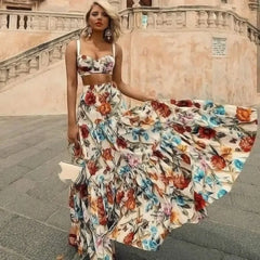 FashionSierra-Sleeveless Maxi   2 Piece Set  Vintage Floral Print  Bohemian  Summer  Vestidos  Beach  Robe   3XL Boho Dress