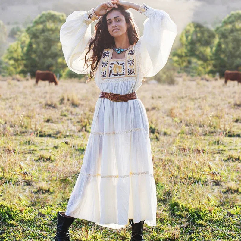 FashionSierra-Tunic White Floral Embroidery Long Sleeve Beach Summer Loose Gypsy Boho Dress