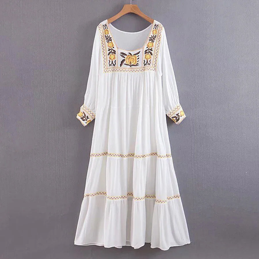 FashionSierra-Tunic White Floral Embroidery Long Sleeve Beach Summer Loose Gypsy Boho Dress