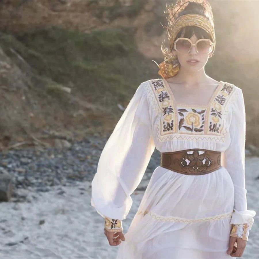 FashionSierra-Tunic White Floral Embroidery Long Sleeve Beach Summer Loose Gypsy Boho Dress