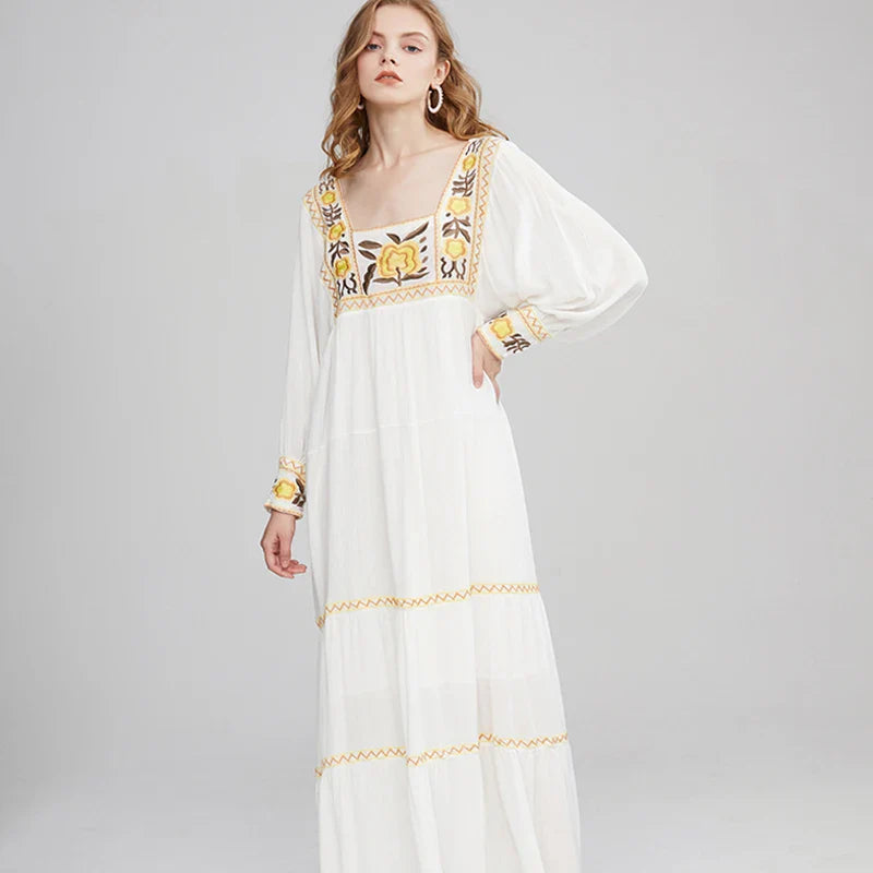FashionSierra-Tunic White Floral Embroidery Long Sleeve Beach Summer Loose Gypsy Boho Dress