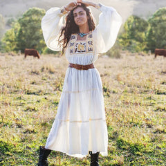 FashionSierra-Tunic White Floral Embroidery Long Sleeve Beach Summer Loose Gypsy Boho Dress