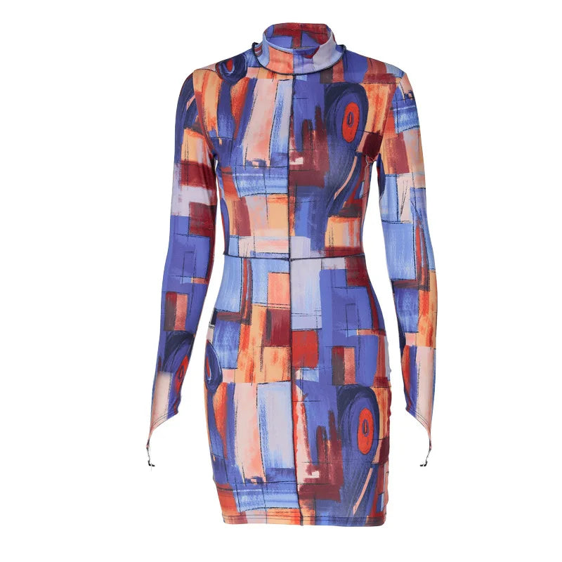 Tie Dye Long Sleeve High Neck Bodycon Streetwear Party Club Summer Mini Dress