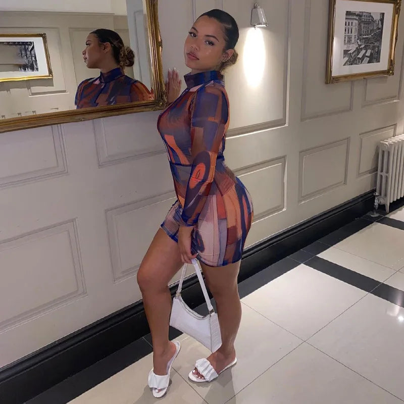 Tie Dye Long Sleeve High Neck Bodycon Streetwear Party Club Summer Mini Dress