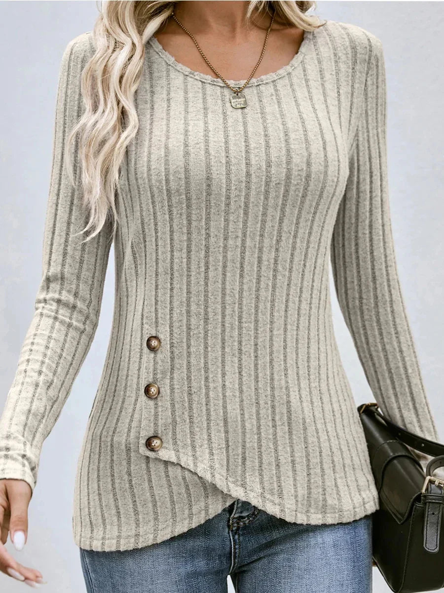 Fashionable Casual Solid Color Waist Round Neck Comfortable Tight Long Sleeve Blouse