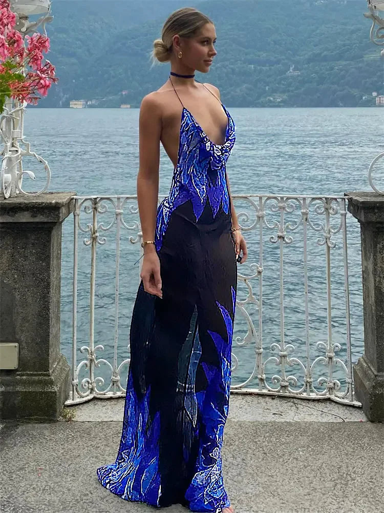 Contrast Sheer See-Through Slim Summer Fashion Holiday Beach Party Halter Casual Dress