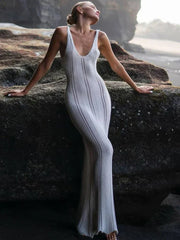 Backless Wrap Hip Knit Cover Up Dresses Hollow See Through Sleeveless Solid Elegant Maxi Beach New Casual Dress