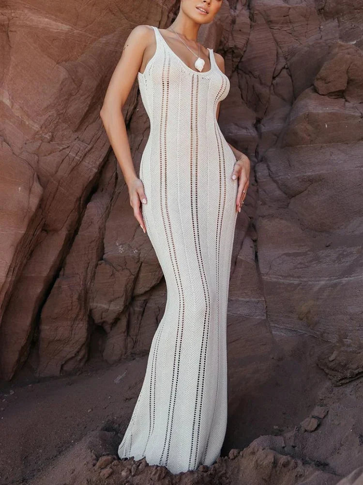 Backless Wrap Hip Knit Cover Up Dresses Hollow See Through Sleeveless Solid Elegant Maxi Beach New Casual Dress