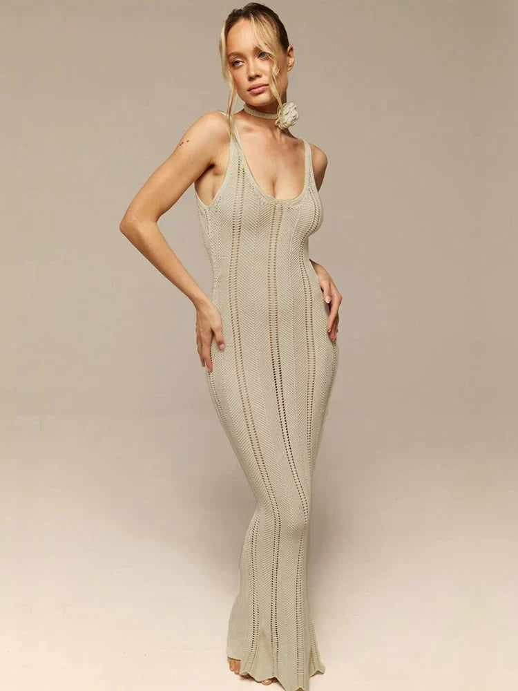 Backless Wrap Hip Knit Cover Up Dresses Hollow See Through Sleeveless Solid Elegant Maxi Beach New Casual Dress
