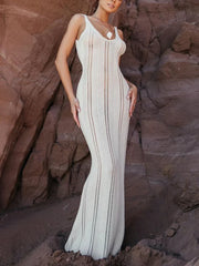 Backless Wrap Hip Knit Cover Up Dresses Hollow See Through Sleeveless Solid Elegant Maxi Beach New Casual Dress