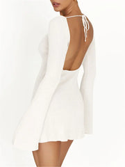 Striped Knitwear Lace-Up Long Sleeve Holiday Beach Summer Slim Fashion Ladies Casual Dress