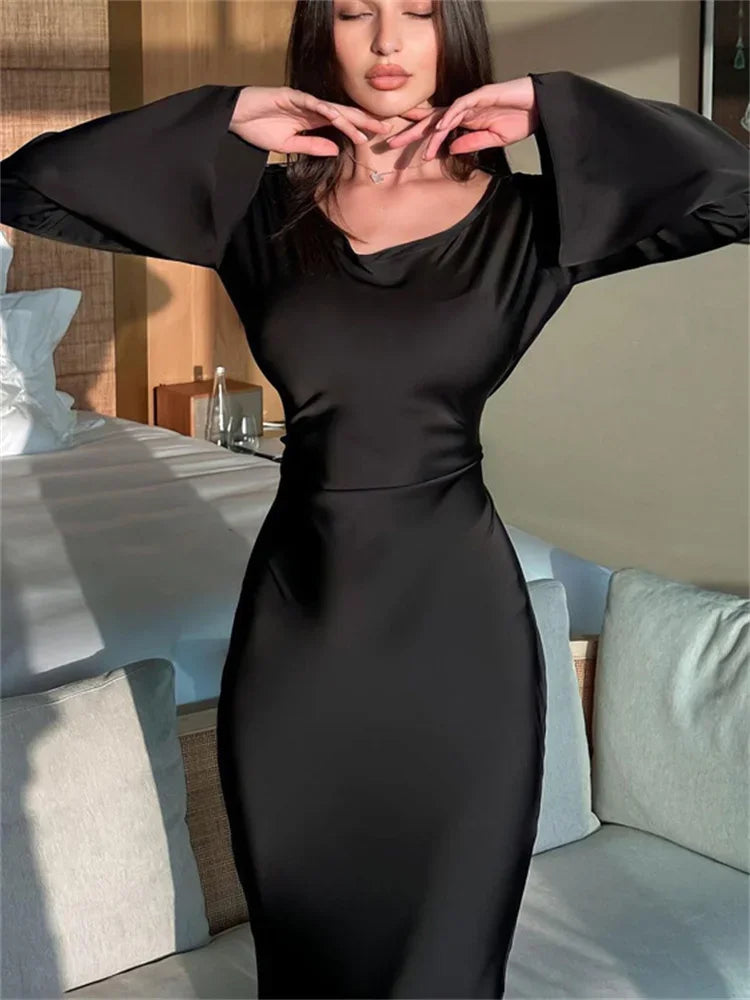 Black Satin Bandage Slin High Waist Fashion Patchwork Long Sleeve Ladies Gown New Casual Dress