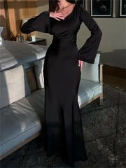 Black Satin Bandage Slin High Waist Fashion Patchwork Long Sleeve Ladies Gown New Casual Dress
