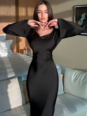 Black Satin Bandage Slin High Waist Fashion Patchwork Long Sleeve Ladies Gown New Casual Dress