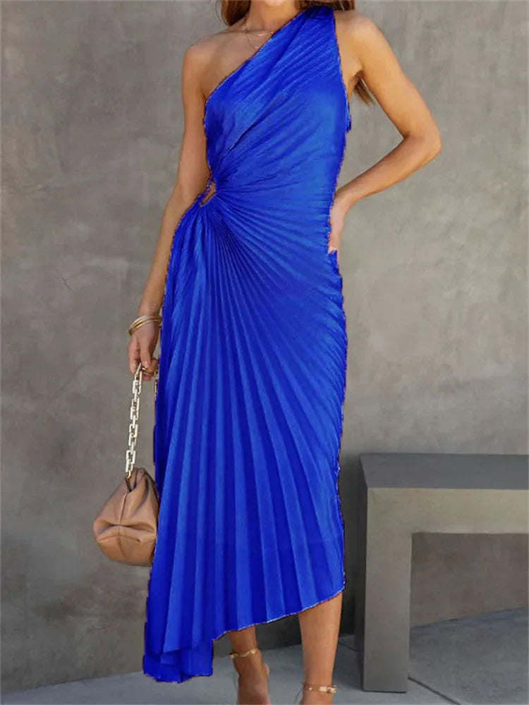 FashionSierra Female Dress Gown Pleated One-Shoulder Sleeveless Summer Party Fashion Solid Maxi Casual Dress