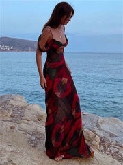 Fashion Printed Backless High Waist Holiday Beach Y2k Printed Summer Casual Dress