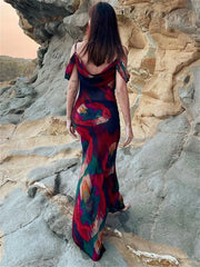 Fashion Printed Backless High Waist Holiday Beach Y2k Printed Summer Casual Dress