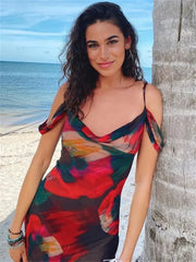 Fashion Printed Backless High Waist Holiday Beach Y2k Printed Summer Casual Dress