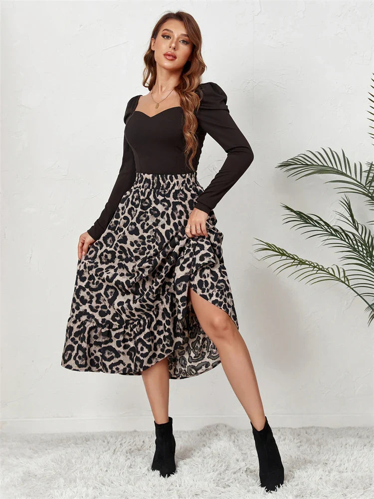 Waist Leopard Casual Boho Printed Long Skirt