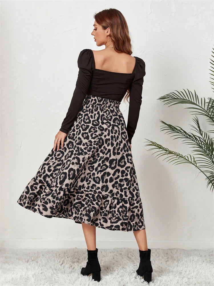 Waist Leopard Casual Boho Printed Long Skirt