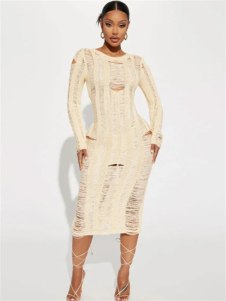 Hollow Out Knit Broken Long Dress Female See-Through Sleeve Slim High Waist Solid Knitwear Casual Dress