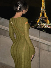 Hollow Out Knit Broken Long Dress Female See-Through Sleeve Slim High Waist Solid Knitwear Casual Dress