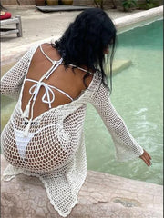 Hollow Out Knit See-Through Summer Long Sleeve Backless Beach Holiday Clothes New Casual Dress