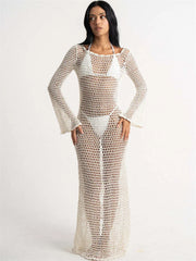 Hollow Out Knit See-Through Summer Long Sleeve Backless Beach Holiday Clothes New Casual Dress