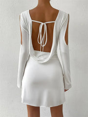 Hollow Lace-Up Fashion Female Long Sleeve Bandage Backless Elegant Solid Patchwork Casual Dress