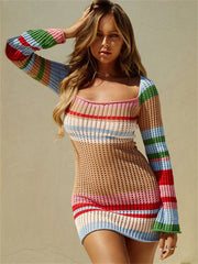Knit Hollow Out Contrast Mini Female Long Sleeve High Waist Striped Loose Elegant Party Casual Dress