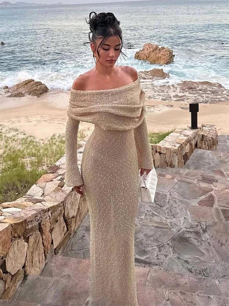 Hollow Out Off-Shoulder Female Cover Up Loose Long Sleeve Beach Party New Casual Dress