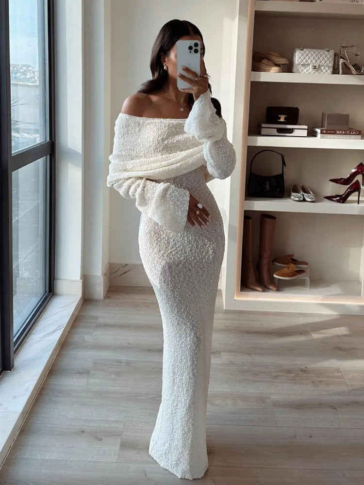 Hollow Out Off-Shoulder Female Cover Up Loose Long Sleeve Beach Party New Casual Dress