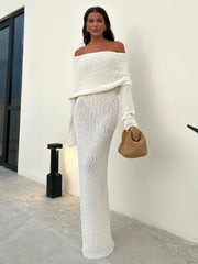 Hollow Out Off-Shoulder Female Cover Up Loose Long Sleeve Beach Party New Casual Dress