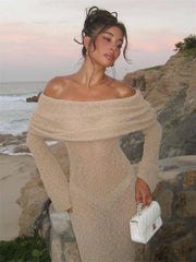 Hollow Out Off-Shoulder Female Cover Up Loose Long Sleeve Beach Party New Casual Dress