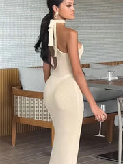 Knit One-Shoulder Female Holiday Party Backless High Waist Lace-Up Fashion Sleeveless Casual Dress