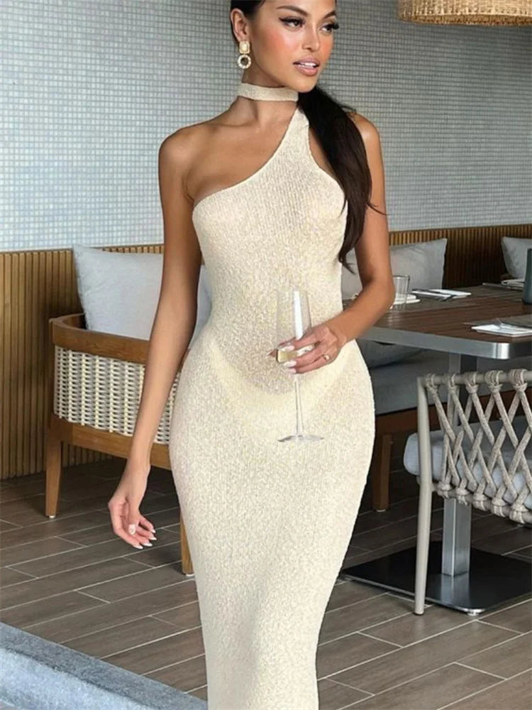 Knit One-Shoulder Female Holiday Party Backless High Waist Lace-Up Fashion Sleeveless Casual Dress