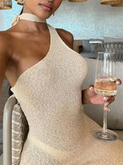 Knit One-Shoulder Female Holiday Party Backless High Waist Lace-Up Fashion Sleeveless Casual Dress