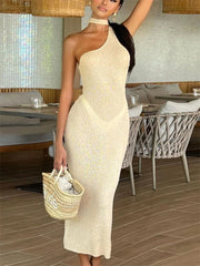 Knit One-Shoulder Female Holiday Party Backless High Waist Lace-Up Fashion Sleeveless Casual Dress