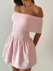 Knitted Off Shoulder Patchwork Ruffled Edge Slash Neck Solid Beach Holiday Princess Cover Up Summer Dress