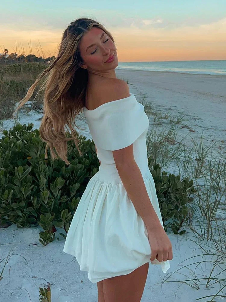 Knitted Off Shoulder Patchwork Ruffled Edge Slash Neck Solid Beach Holiday Princess Cover Up Summer Dress