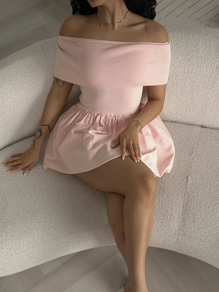 Knitted Off Shoulder Patchwork Ruffled Edge Slash Neck Solid Beach Holiday Princess Cover Up Summer Dress