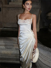 Lace Printed Spaghetti Long Dress For Backless High Waist Elegant Split Satin Pleated Halter Casual Dress