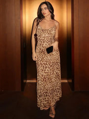 Leopard Print Long Sleeveless Lace Up Streetwear Casual Dress