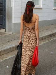 Leopard Print Long Sleeveless Lace Up Streetwear Casual Dress