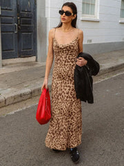 Leopard Print Long Sleeveless Lace Up Streetwear Casual Dress