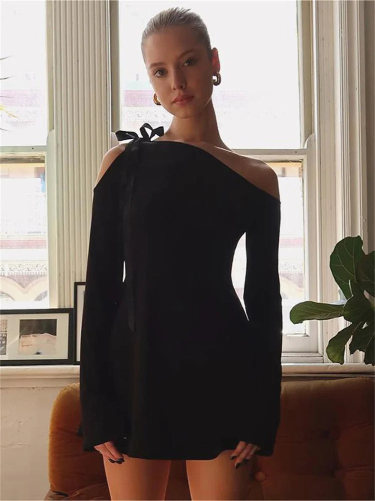 Off-Shoulder Ruffled Bandage Mini For Long Sleeve Patchwork Lace-Up Solid Casual Dress