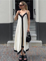 Patchwork Backless Halter V-Neck Elegant Summer Gown Ladies Slim Casual Dress