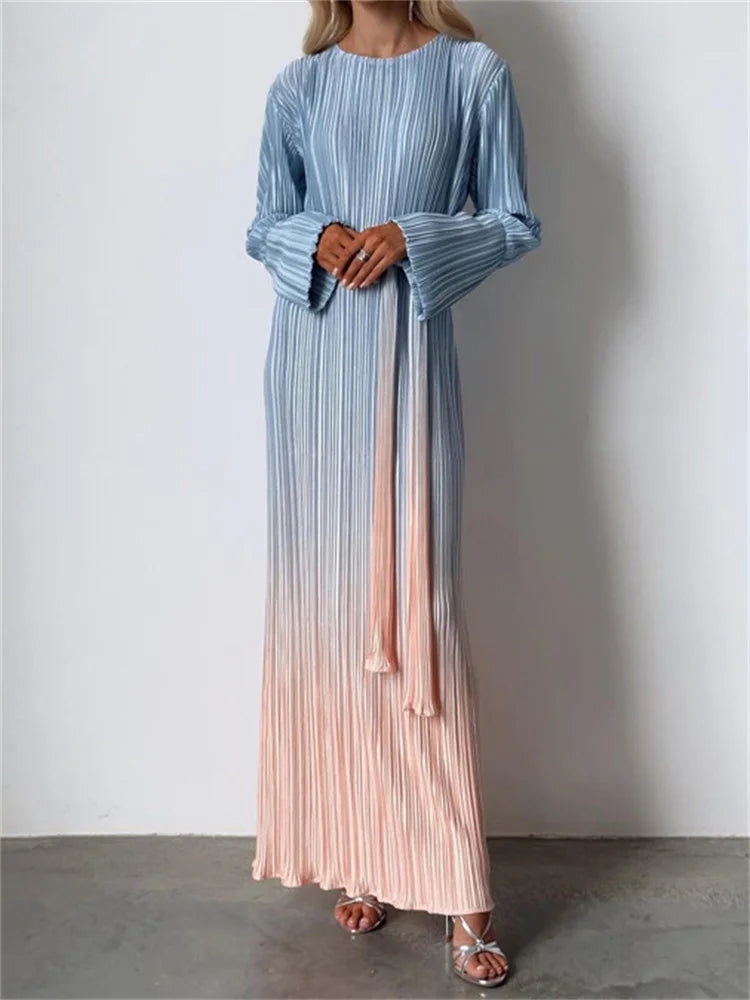 Gradient WomenLace Up New Fashion Sleeved Loose Pullover High Waist Party Casual Dress