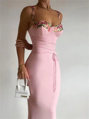Printed Bandage Long Dress Female Slim Sleeveless High Waist Spaghetti Patchwork Party Casual Dress